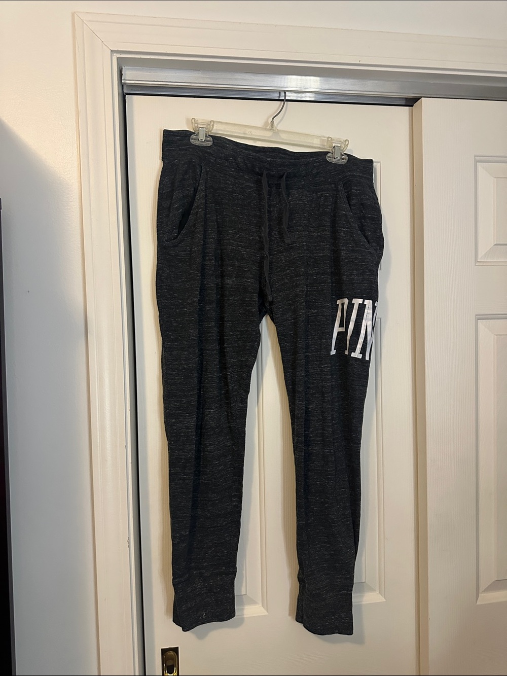 PINK Victoria's Secret Charcoal Gray Track Joggers with White Logo